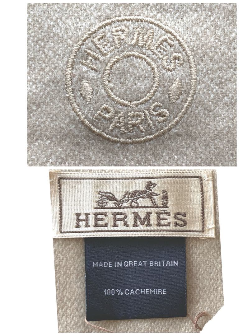 未使用タグ付　エルメス　切替　カシミヤ100 マフラー　グレージュ　箱・カード付