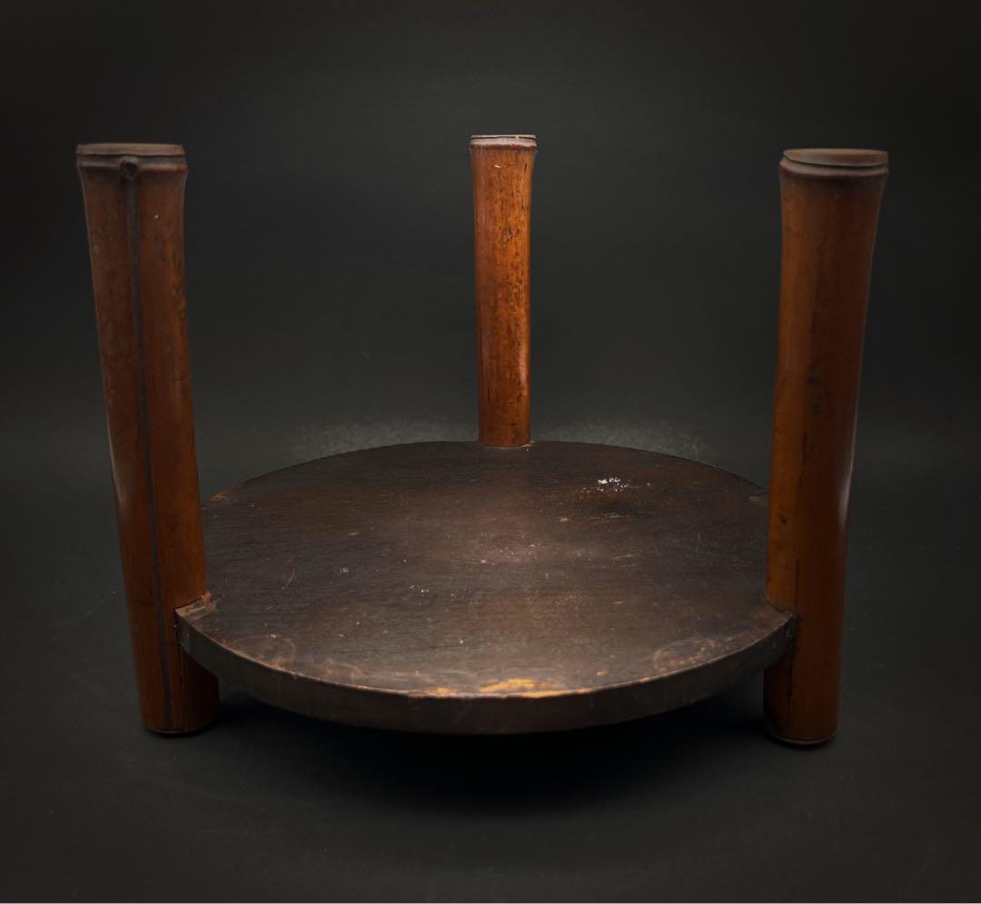 唐木 竹製 骨嵌 三足丸花台 古道具