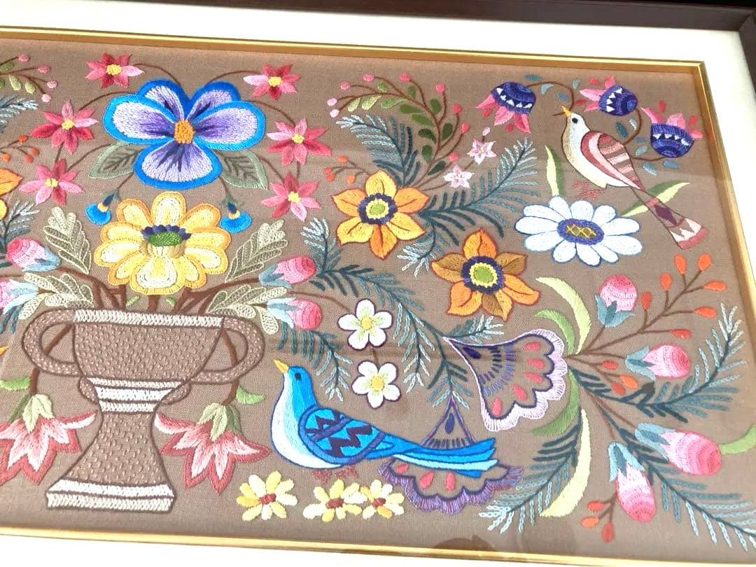 美品　戸塚刺繍　戸塚きく　初代作品　額　花　鳥　モダン