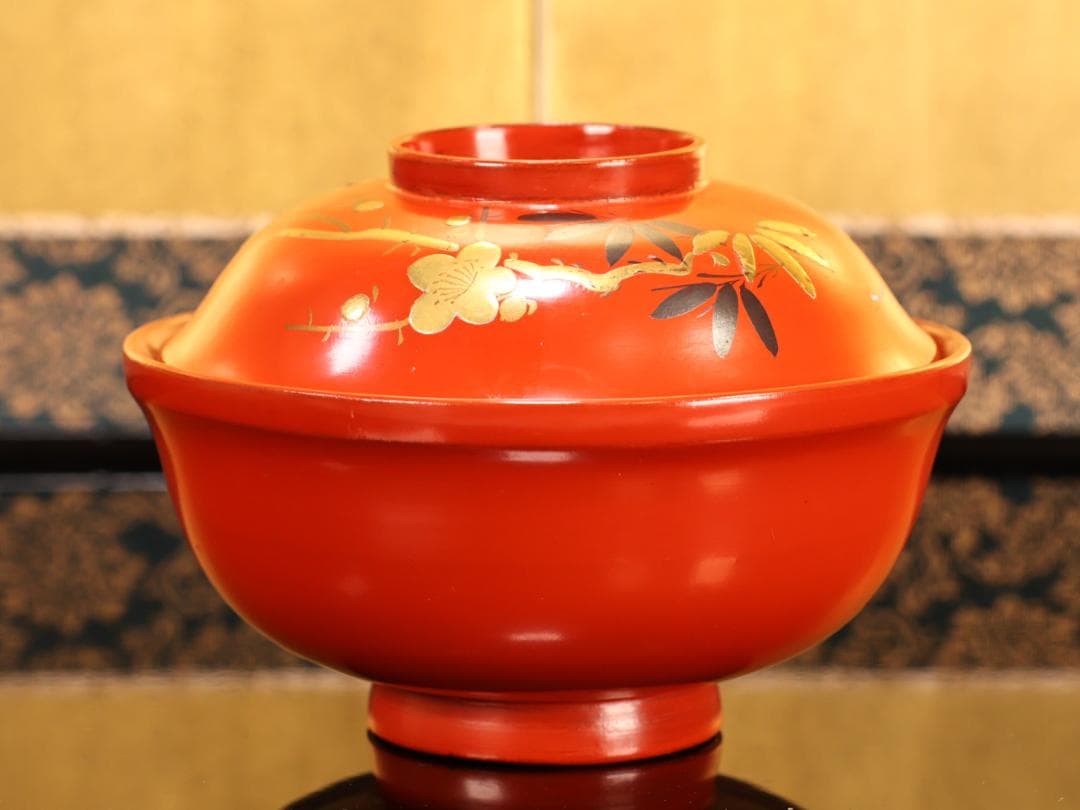 BK416　時代輪島塗　松竹梅図蒔絵　吸物椀　五客　木製　茶道具 懐石 会席