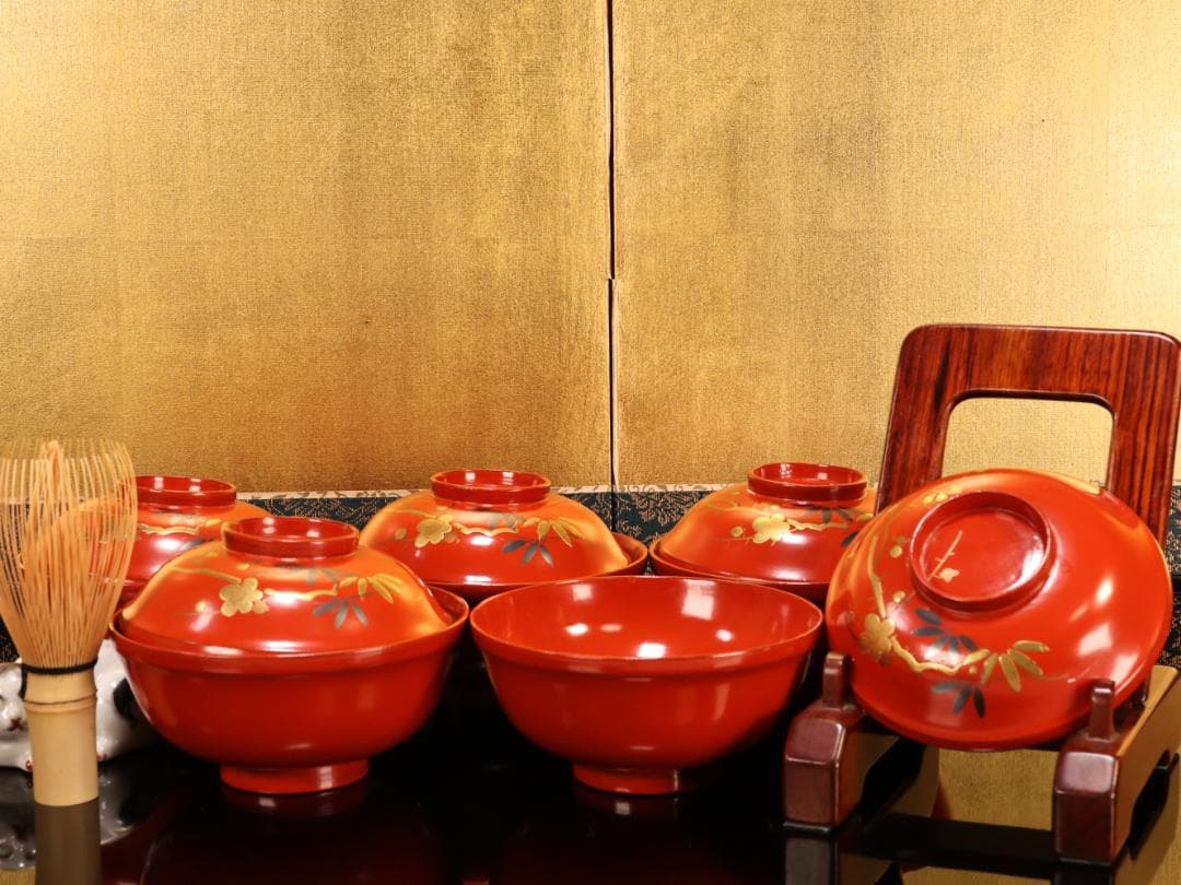 BK416　時代輪島塗　松竹梅図蒔絵　吸物椀　五客　木製　茶道具 懐石 会席