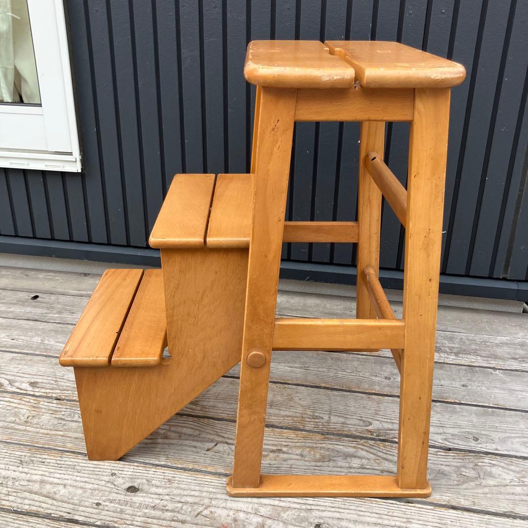 昭和レトロ 格納式 3段 木製階段脚立 踏み台 ステップスツール 飾り棚 花台