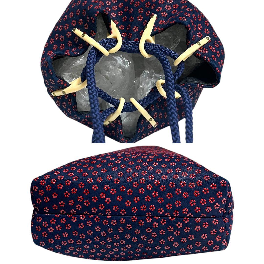 極美品✨未使用級　印傳屋　合切袋（大）　信玄袋　巾着　小桜柄　鹿革　濃紺　赤