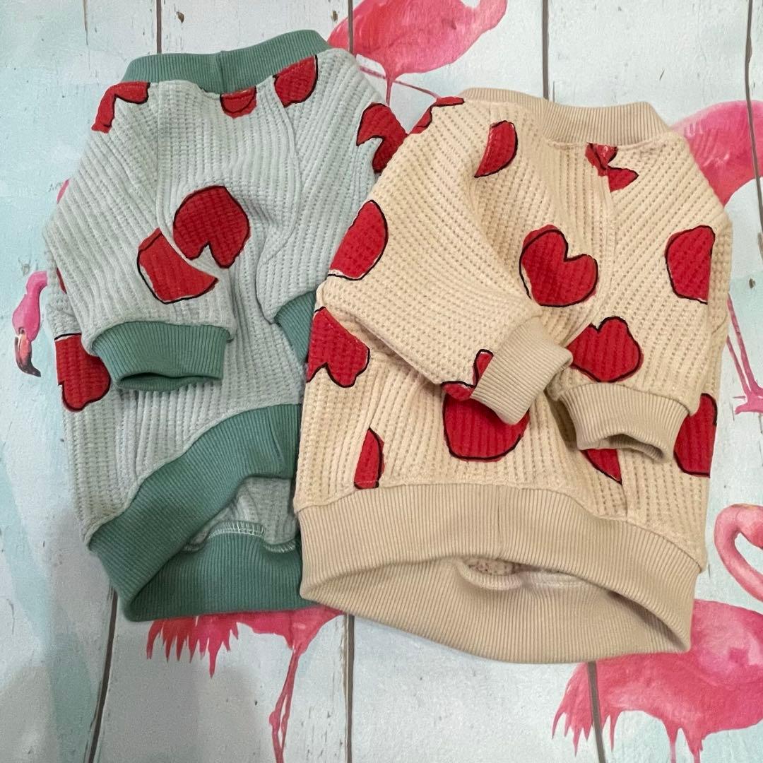 Msize ハートワッフルラグランmintフレブル服 パグ服　ハンドメイド犬服