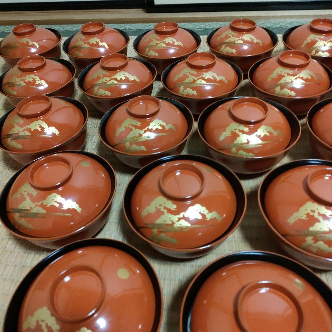 明治期 吸物椀 20客 外朱内黒 金蒔絵 共箱付 漆器 木製 時代物 汁椀 中村