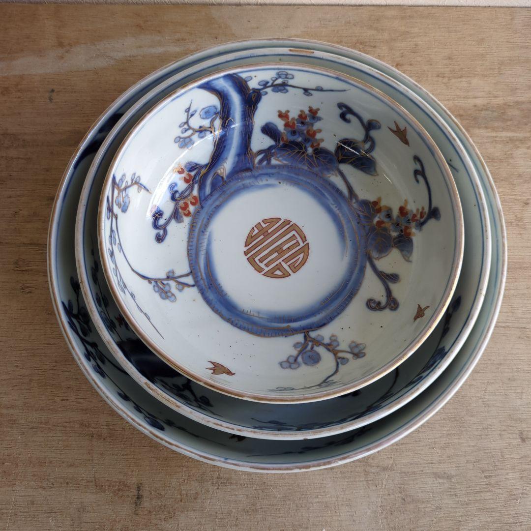 骨董 古伊万里 三っ丼 大中小 鉢 染め付け 花と鳥 二重高台 器