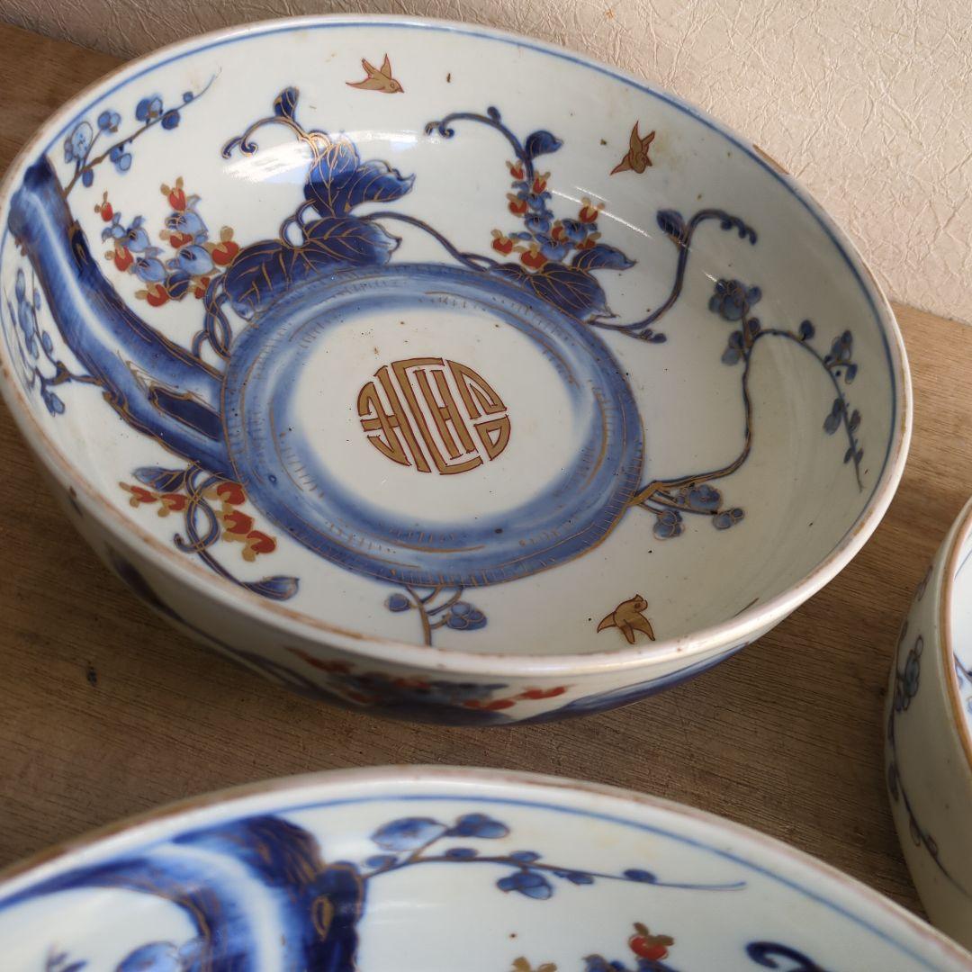 骨董 古伊万里 三っ丼 大中小 鉢 染め付け 花と鳥 二重高台 器