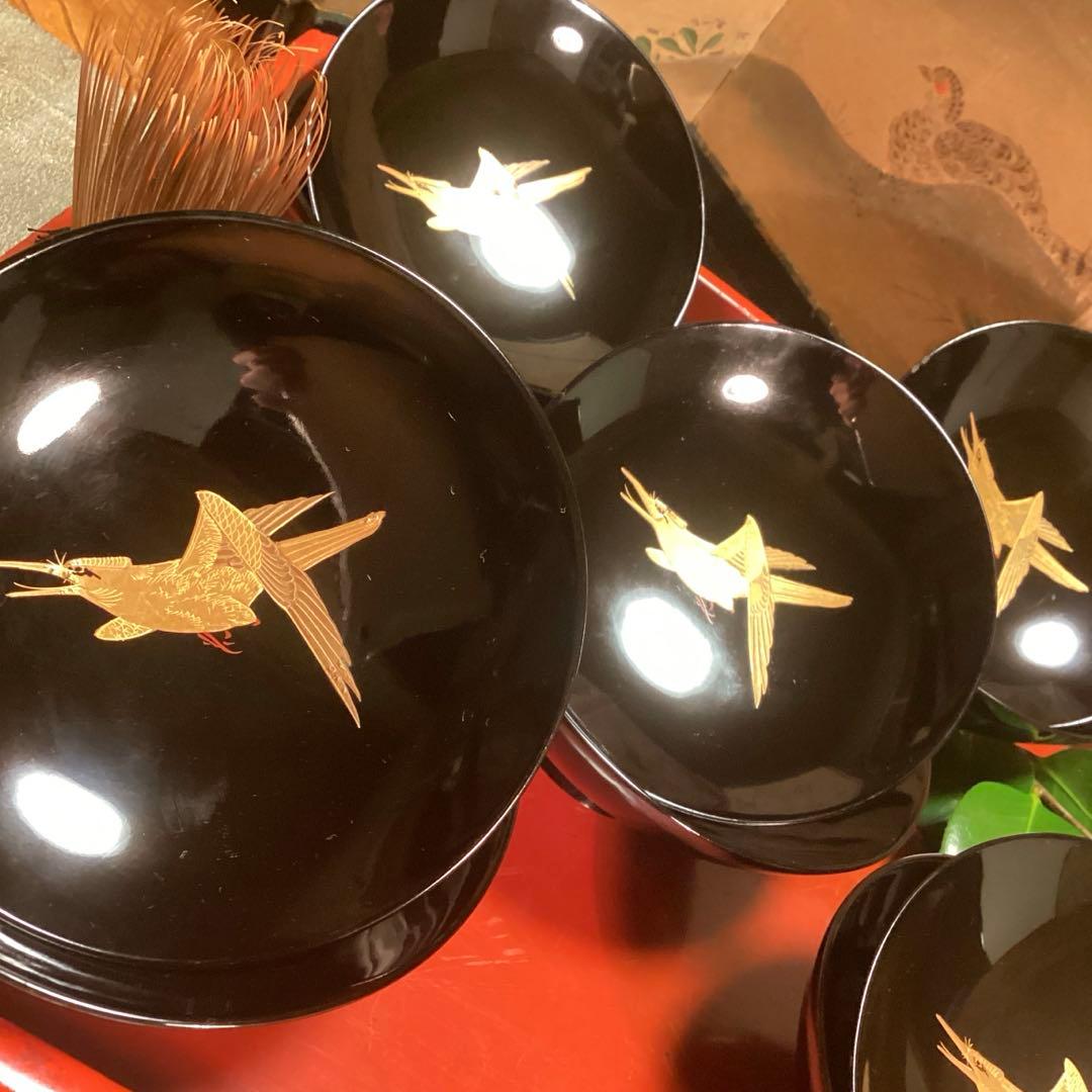 A915 木製輪島塗　黒塗　月に時鳥（ホトトギス）蒔絵　5客