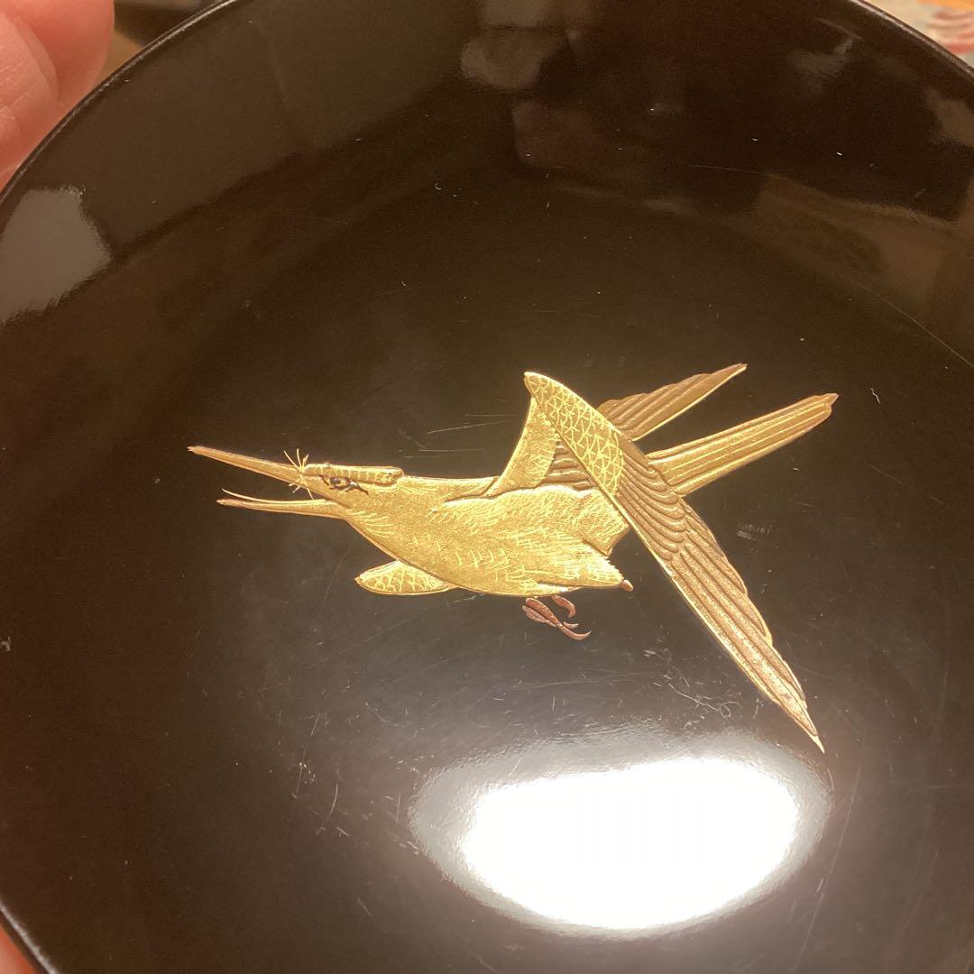 A915 木製輪島塗　黒塗　月に時鳥（ホトトギス）蒔絵　5客