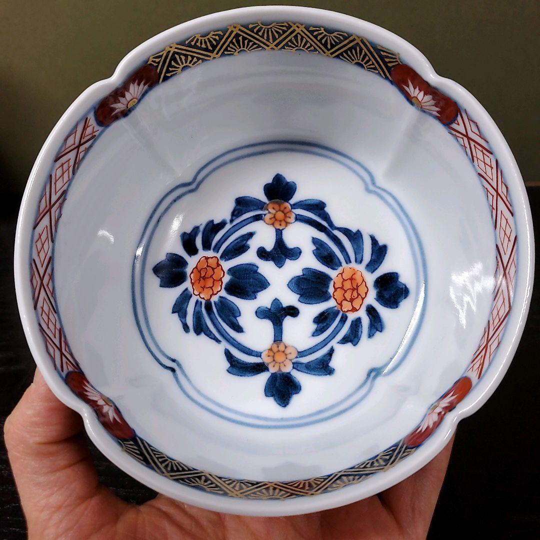 (451)✿有田焼★藤右ェ門窯★万歴赤絵木甲型小鉢5個セット★破魔オマケ付き★