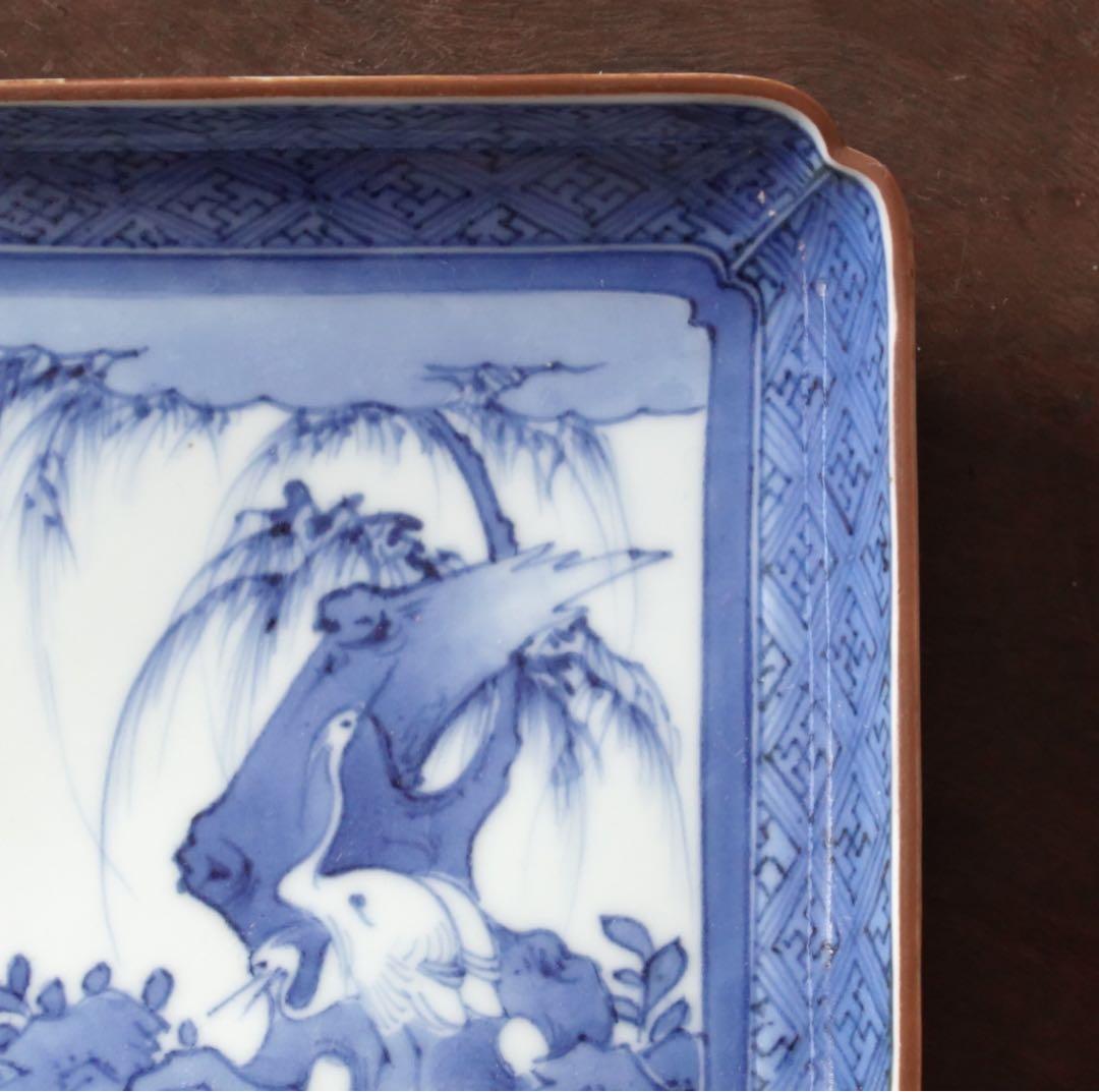 江戸時代　前期　古伊万里　藍九谷　柳下　白鷺文　角皿　隅落し　平向付　食器　②