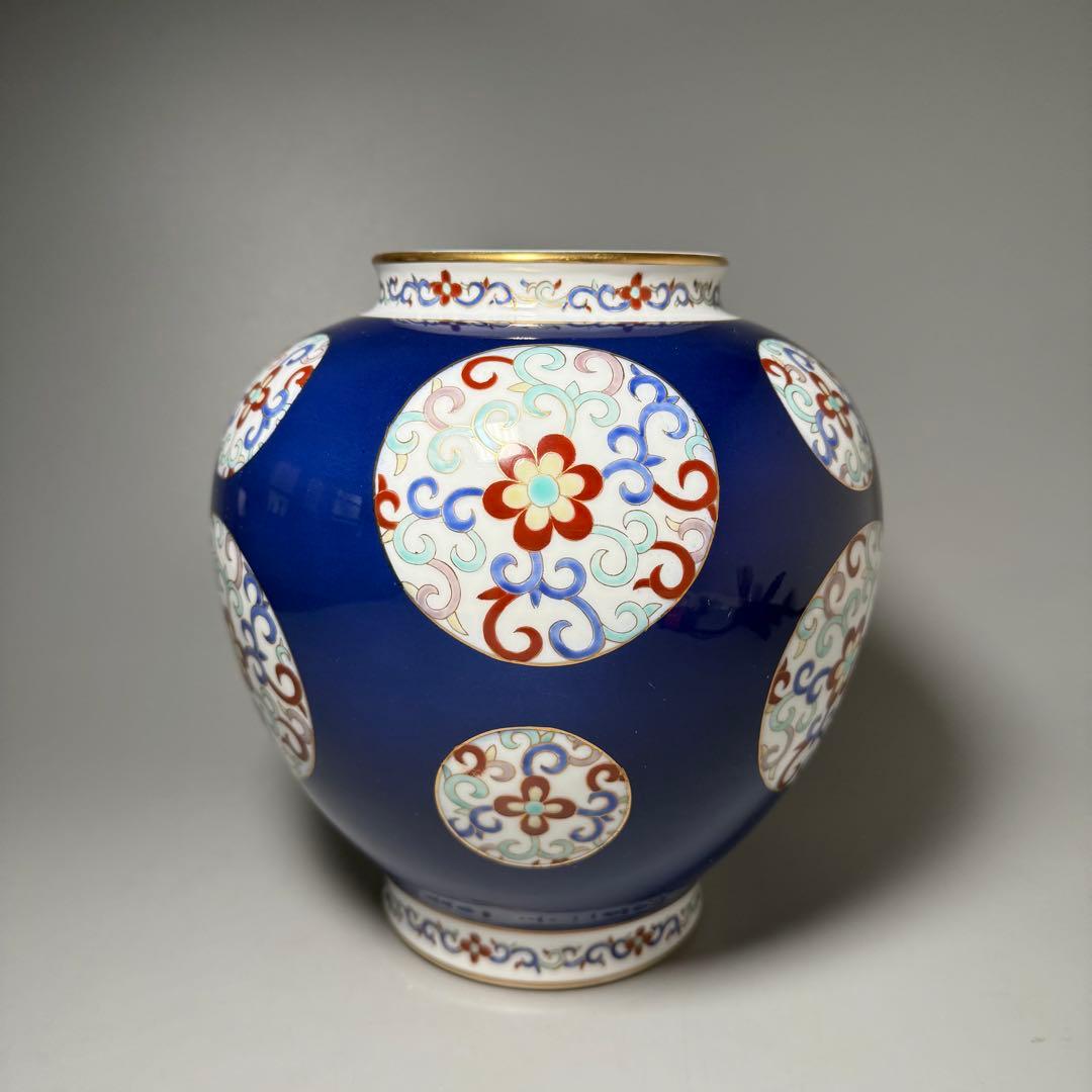オールド香蘭社　昭和10年頃　色絵丸文様花瓶　鮮やかな香蘭社ブルー　里帰り品
