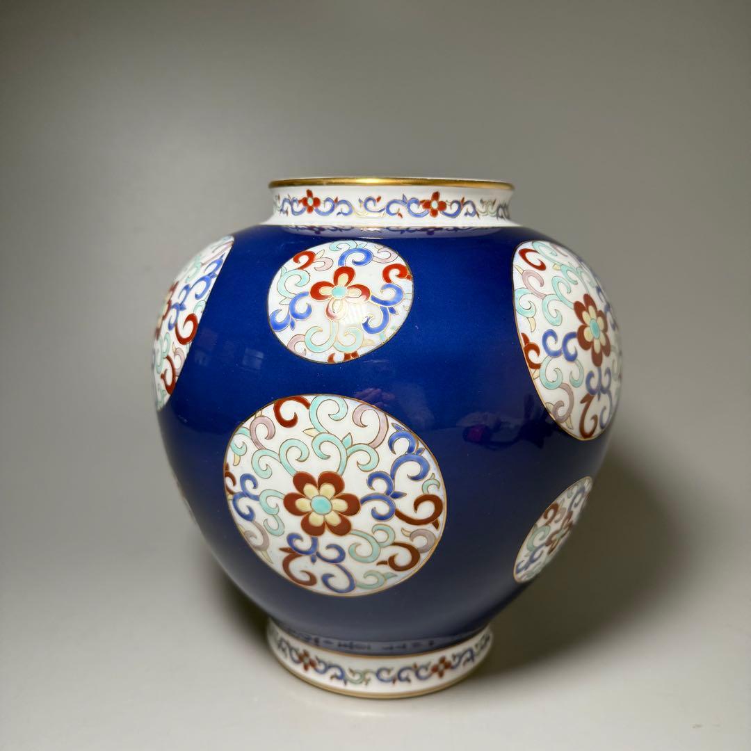 オールド香蘭社　昭和10年頃　色絵丸文様花瓶　鮮やかな香蘭社ブルー　里帰り品