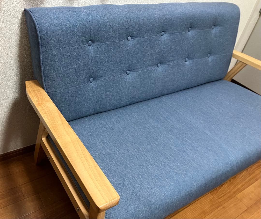 【美品＊送料込】 2人掛け ソファー ブルー 木脚＆木肘