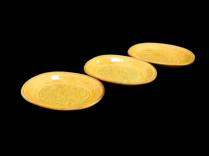 珉平焼　淡路焼　小判形　龍紋の図 陰刻　手塩皿　３枚　D022AS-fbtj