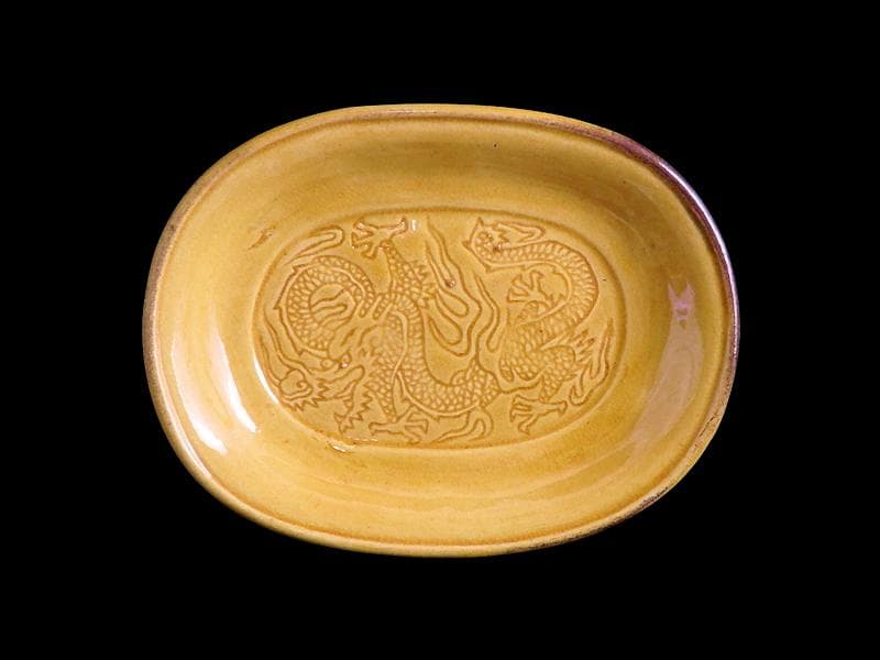 珉平焼　淡路焼　小判形　龍紋の図 陰刻　手塩皿　３枚　D022AS-fbtj