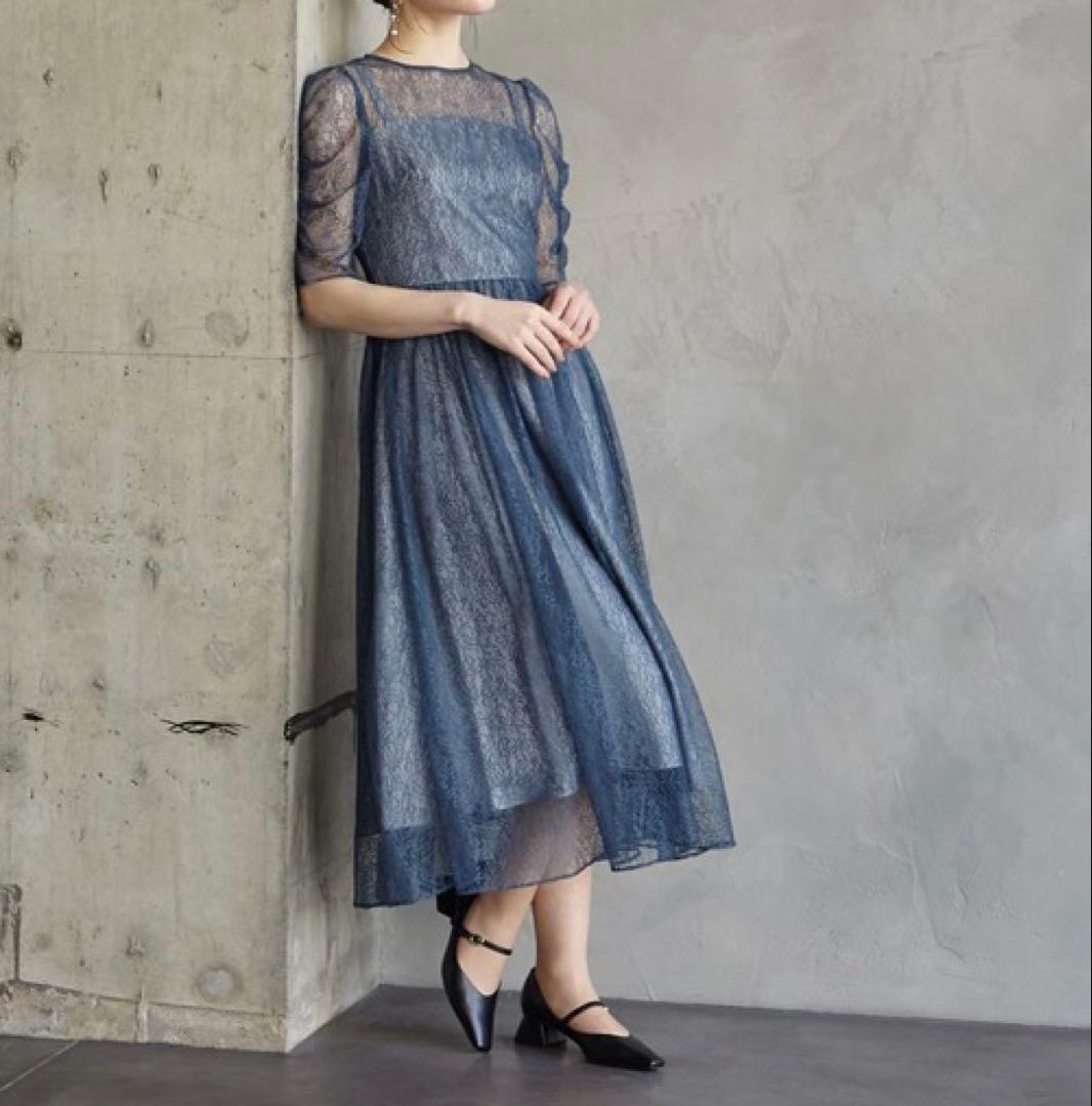 AIMER エメ　ギャザースリーブレースアップドレス　XL LL ブルー 大きい