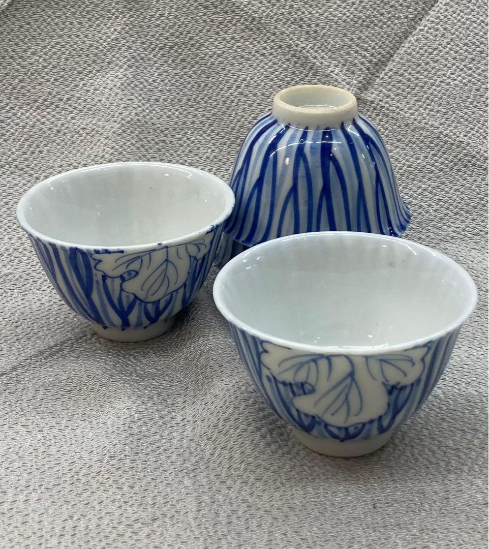 B151s  染付一葉煎茶碗　5個　茶道具　瀬戸　骨董　ぐい呑　盃