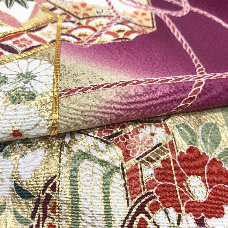508z17〇振袖 仮絵羽 貝桶 赤紫 金駒刺繍 洒落紋〇美品 成人式 結婚式