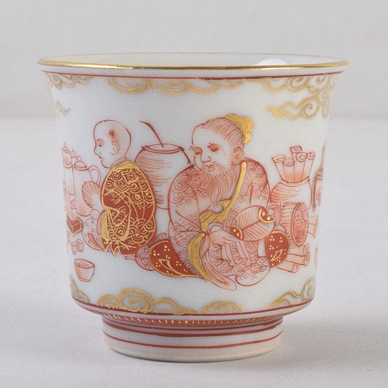 九谷焼　井上秋晴作　赤絵細密画　人物文　盃　ぐい呑み　共布共箱　M　R9169