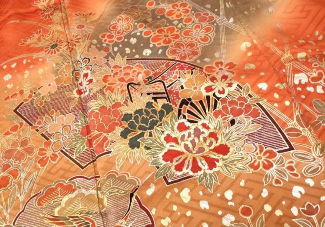 振袖フルセット6点サイズM〜Ｌ駒刺繍　地紙御所車文　暈し染め　金銀彩　正絹