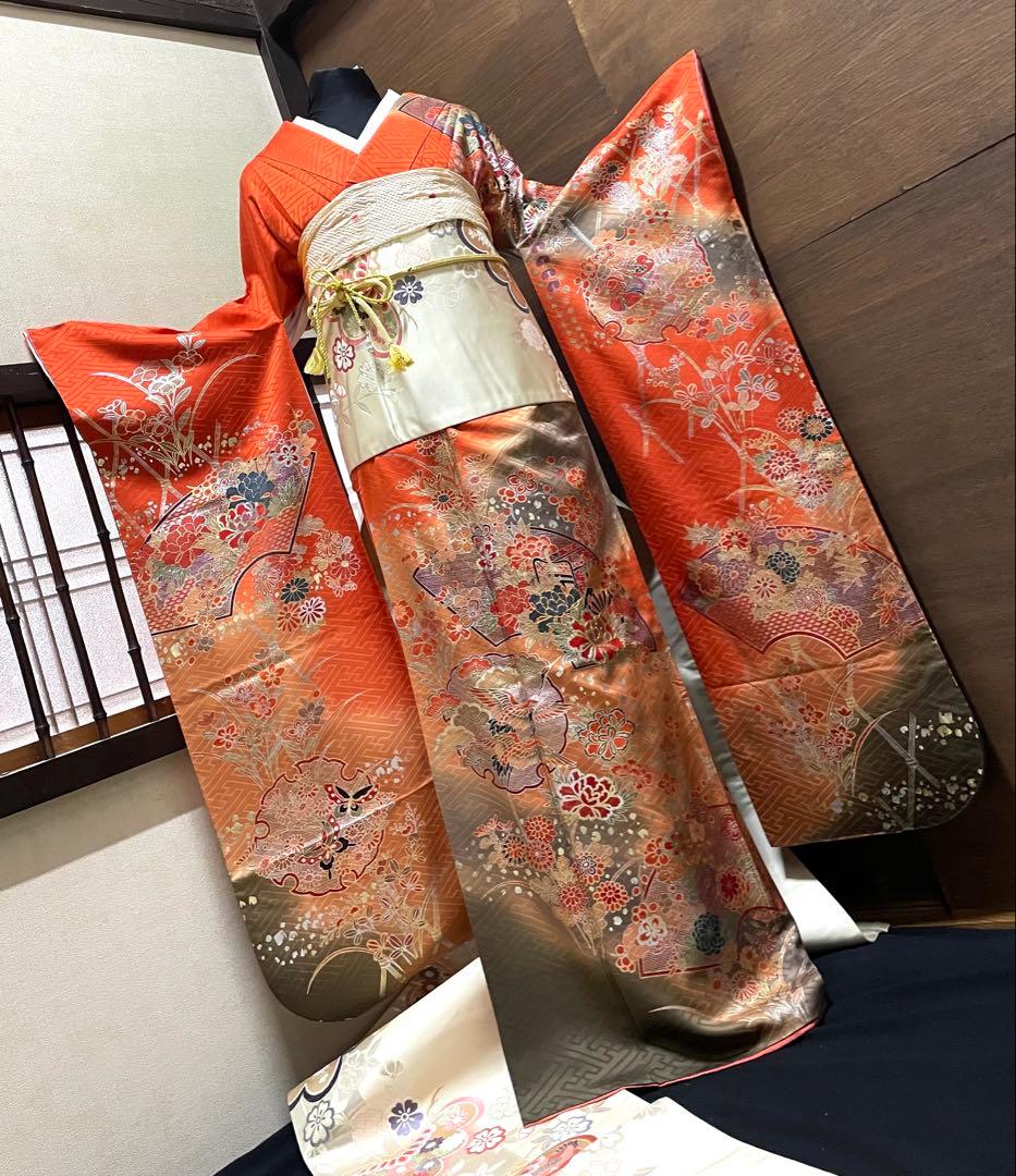 振袖フルセット6点サイズM〜Ｌ駒刺繍　地紙御所車文　暈し染め　金銀彩　正絹