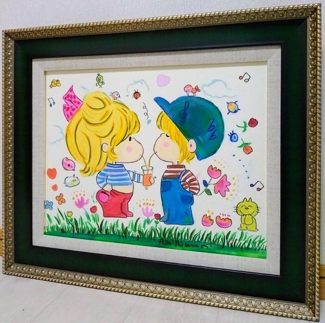 【F6号】水森亜土　手描き作品/表裏サイン・裏描き有/油彩/アクリル/額縁/額装