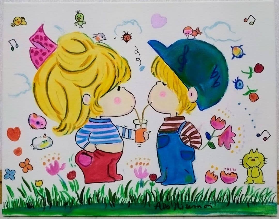 【F6号】水森亜土　手描き作品/表裏サイン・裏描き有/油彩/アクリル/額縁/額装