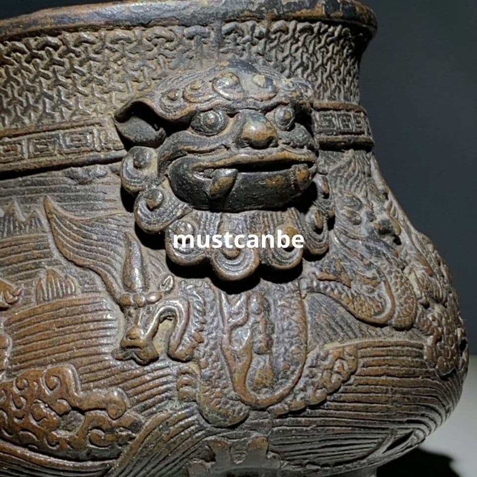 香炉 浮彫り竜紋獣耳香炉 挿し香炉 銅製品 工芸品 置物