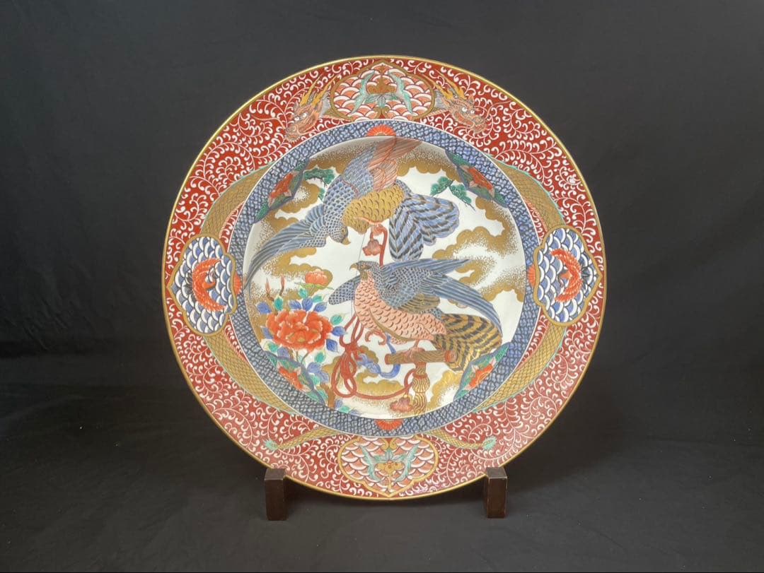 有田焼 神右衛門作 染錦 金襴 大皿 75cm鷲 鷹 双龍 唐草文様 飾皿 特大