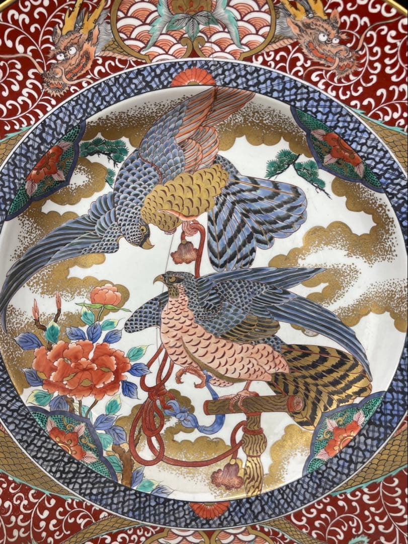 有田焼 神右衛門作 染錦 金襴 大皿 75cm鷲 鷹 双龍 唐草文様 飾皿 特大