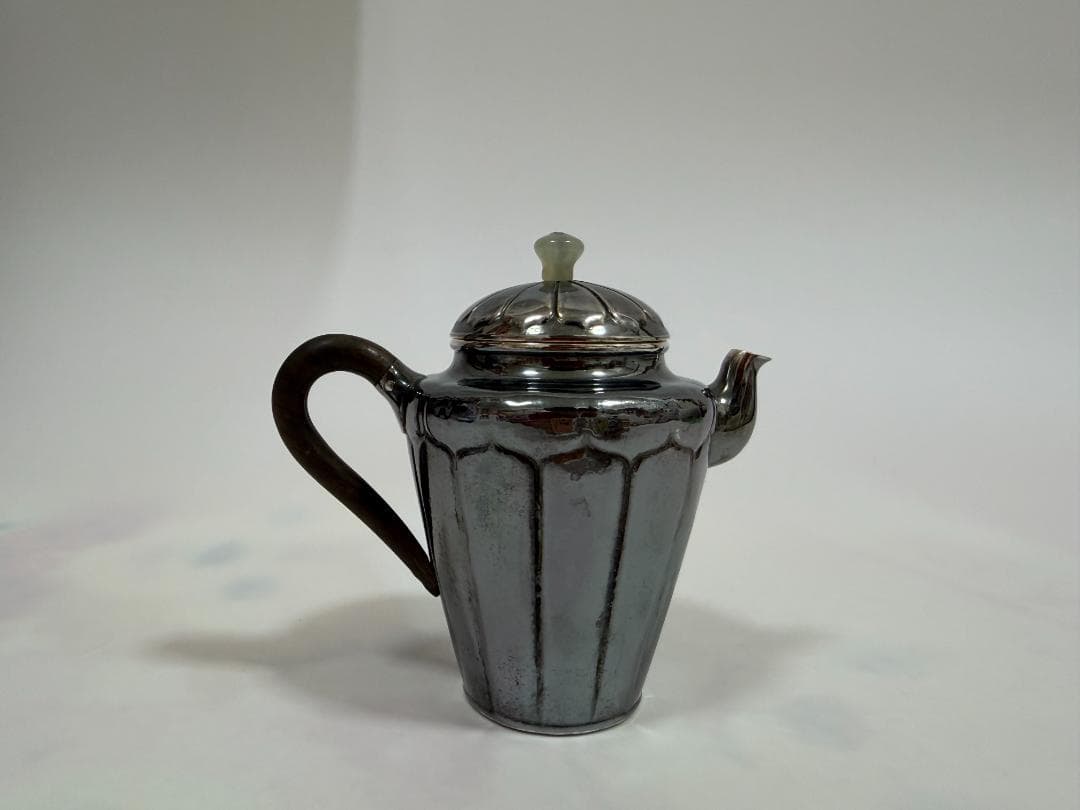 純銀製 菊筋文 玉石摘 急須 銀瓶 煎茶道具