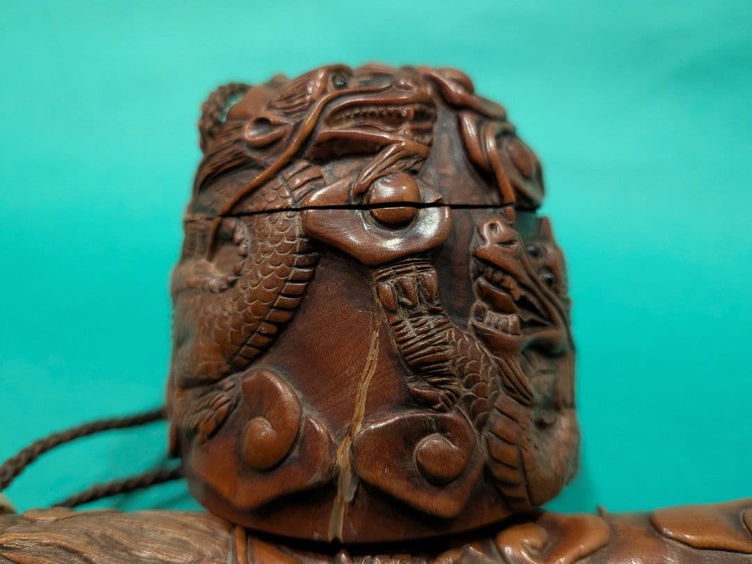 双龍彫刻 柘植製矢立、墨入れセットA3、日本製携帯用墨壺と筆入れセット、希少品、