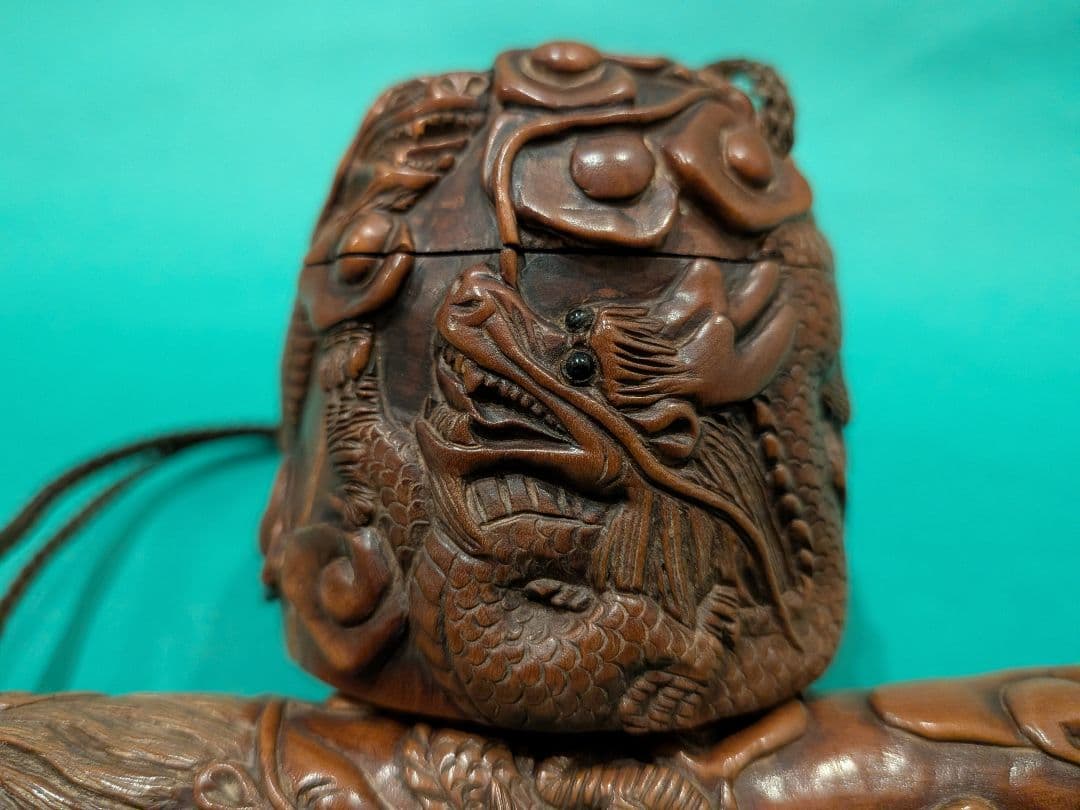 双龍彫刻 柘植製矢立、墨入れセットA3、日本製携帯用墨壺と筆入れセット、希少品、