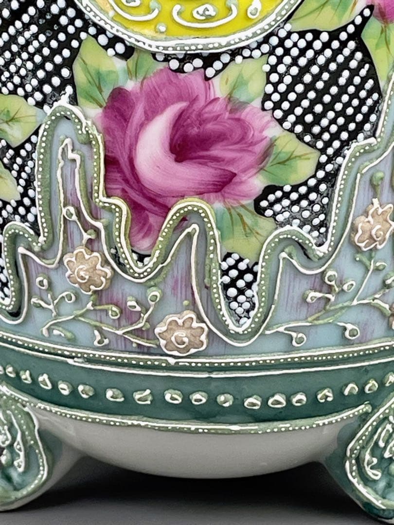 【希少】オールドニッポン 薔薇紋 一陳盛上げ アールヌーボー 花瓶 ビーディング