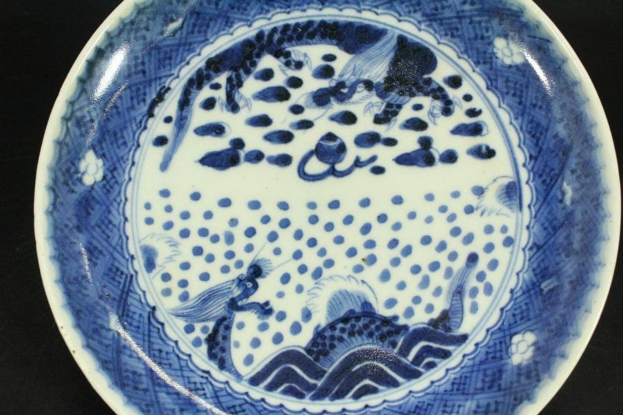 中国美術 青花 龍紋 皿 φ20cm (LC371)