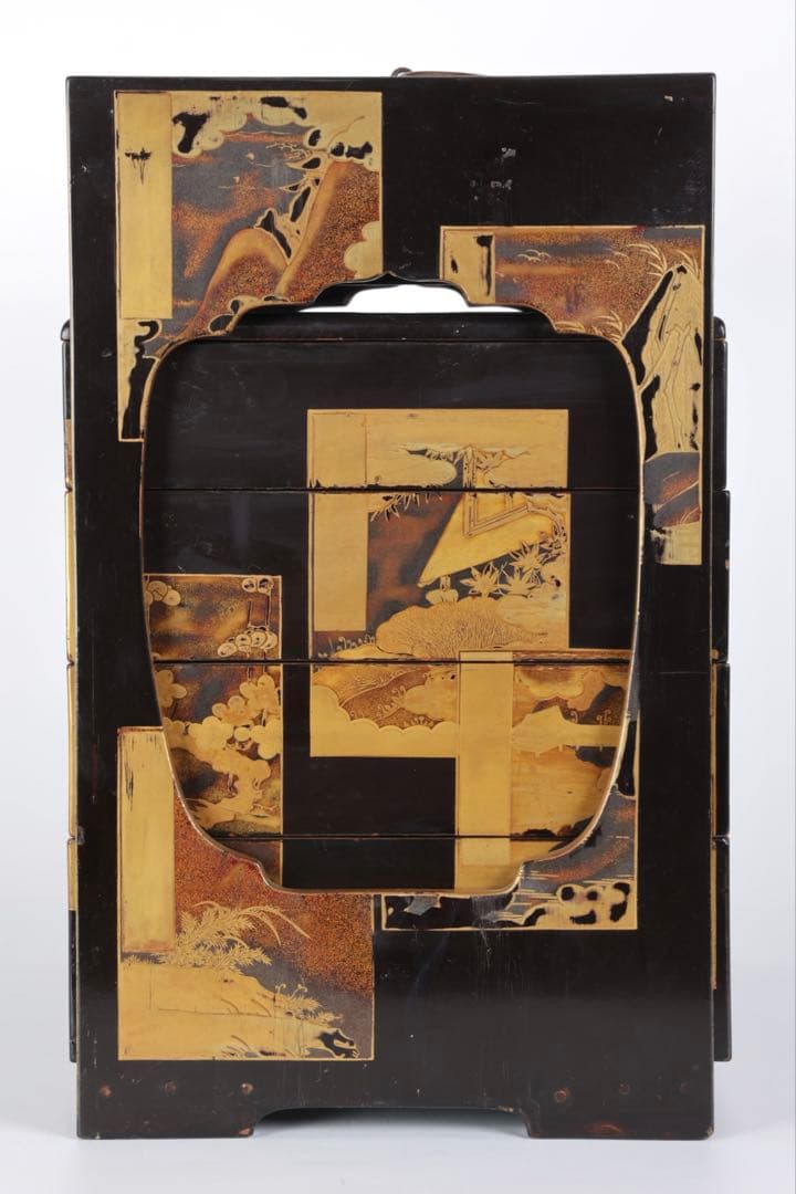 漆塗金蒔絵 野弁当 野点 花見重 重箱 錫製徳利 台付 骨董 古美術漆器　漆