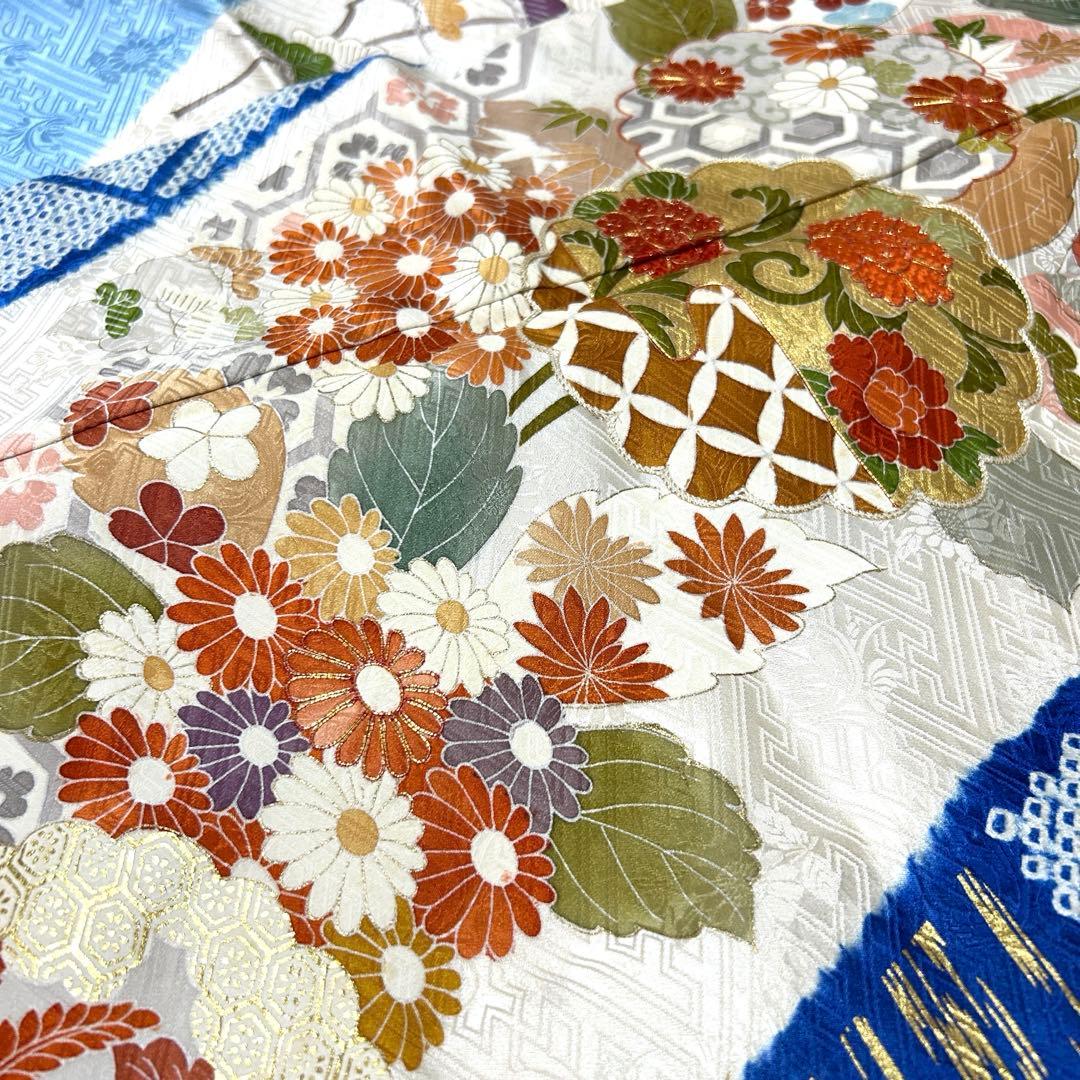 高島屋 千總 刺繍 白と青地染め分け振袖セット小物フルセット 狐の襟巻き