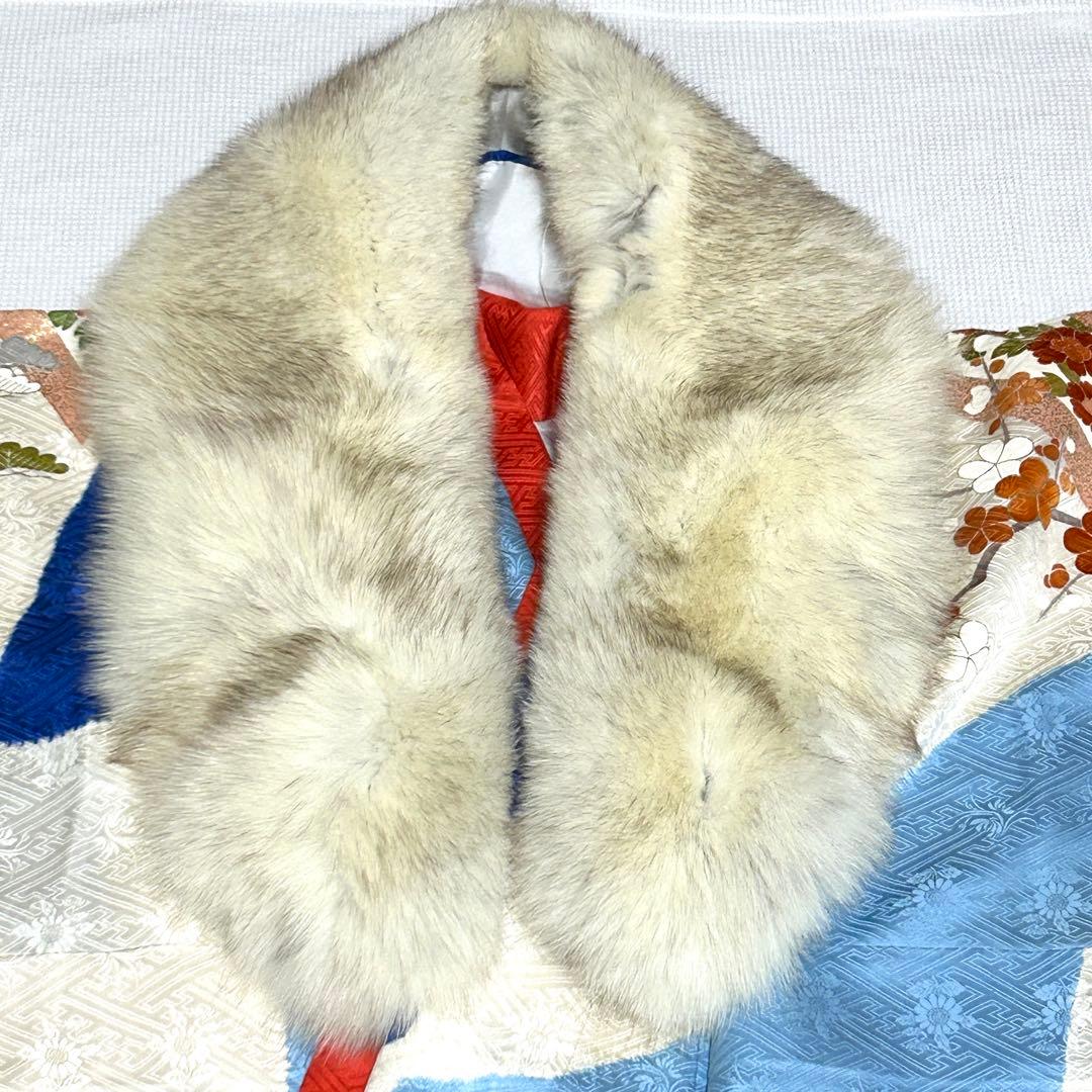 高島屋 千總 刺繍 白と青地染め分け振袖セット小物フルセット 狐の襟巻き