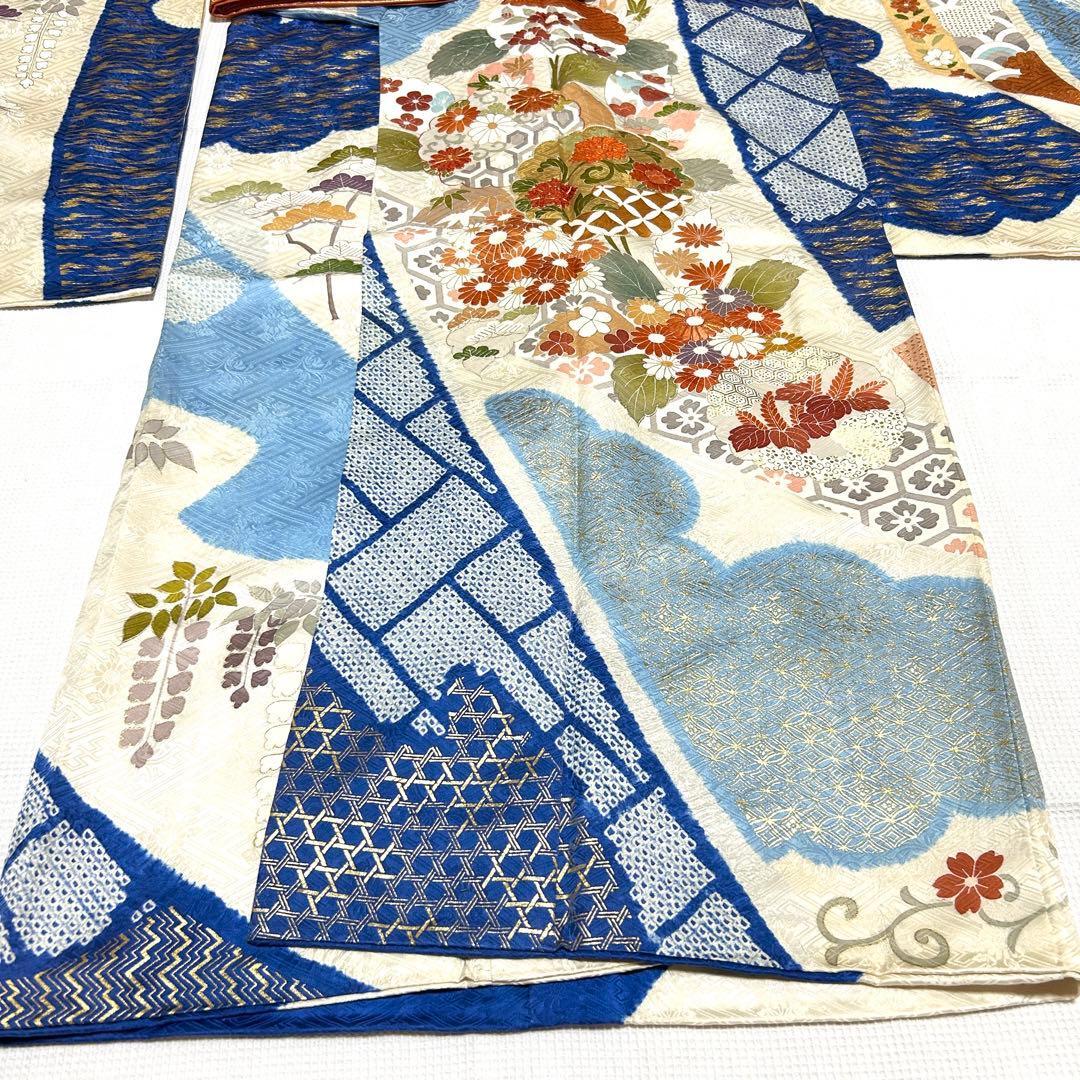 高島屋 千總 刺繍 白と青地染め分け振袖セット小物フルセット 狐の襟巻き