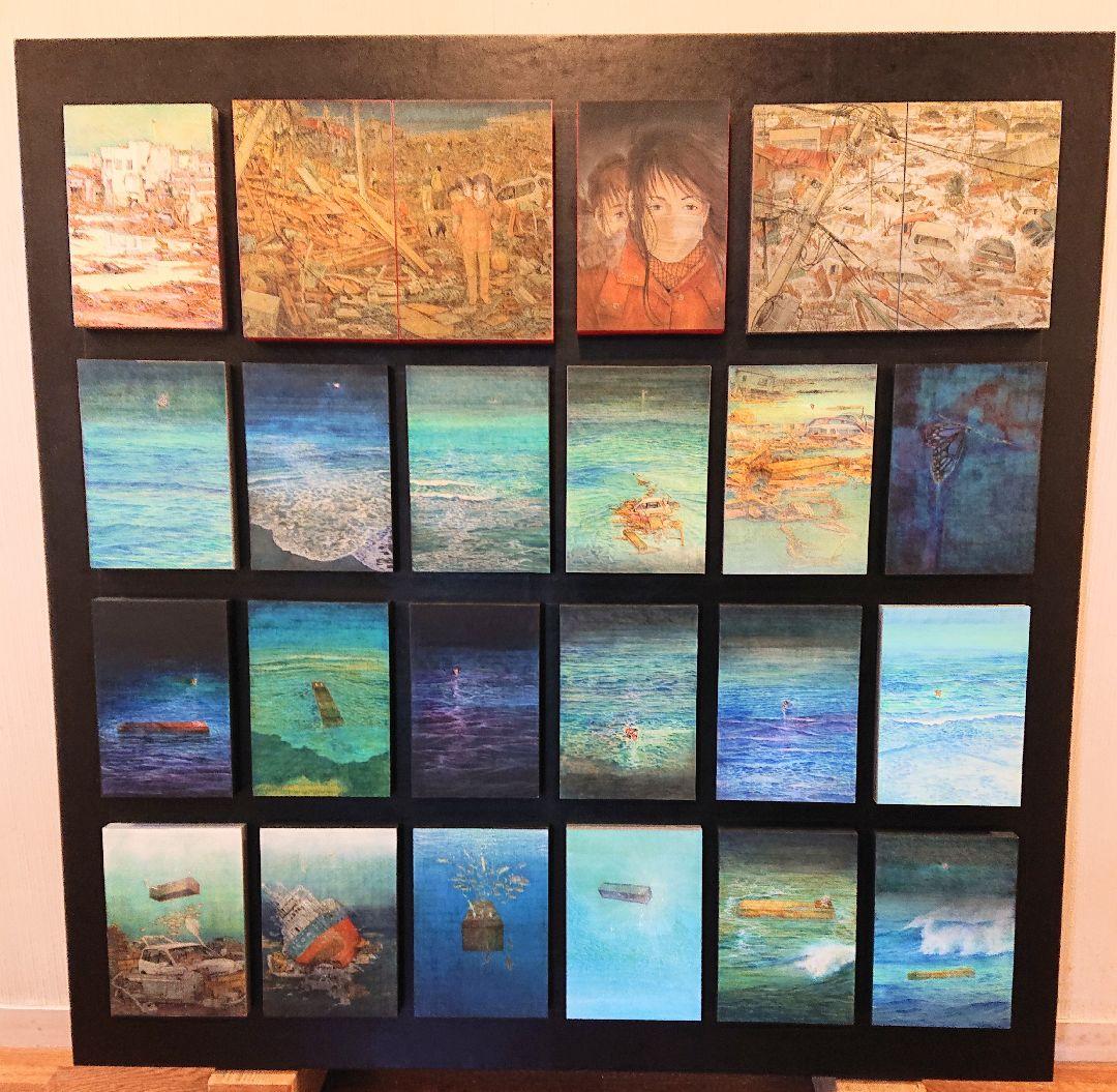 日本画家堤進の平面ポップアート 作品 。ミクストメディア「迷蝶・棺一基」