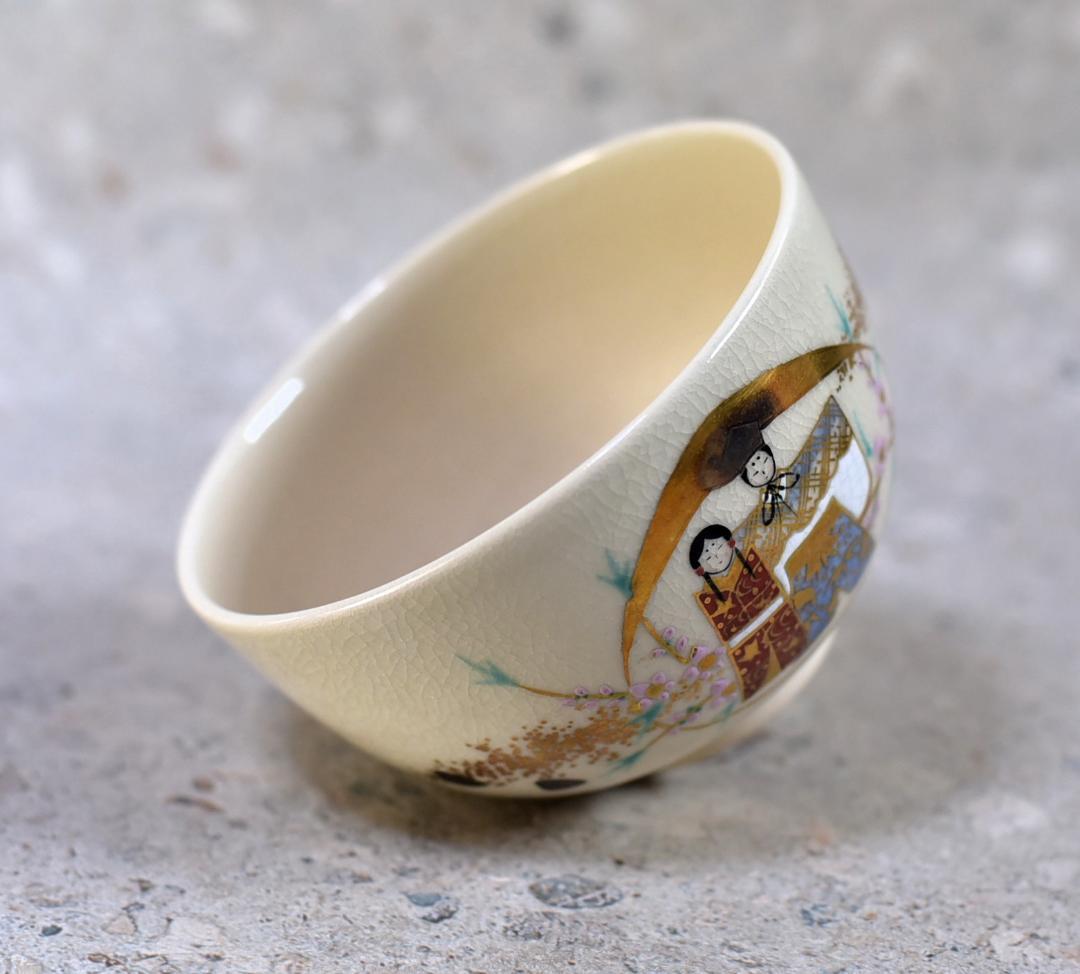 平安栗田焼佳山作　雛金彩文茶碗　共箱/お茶道具