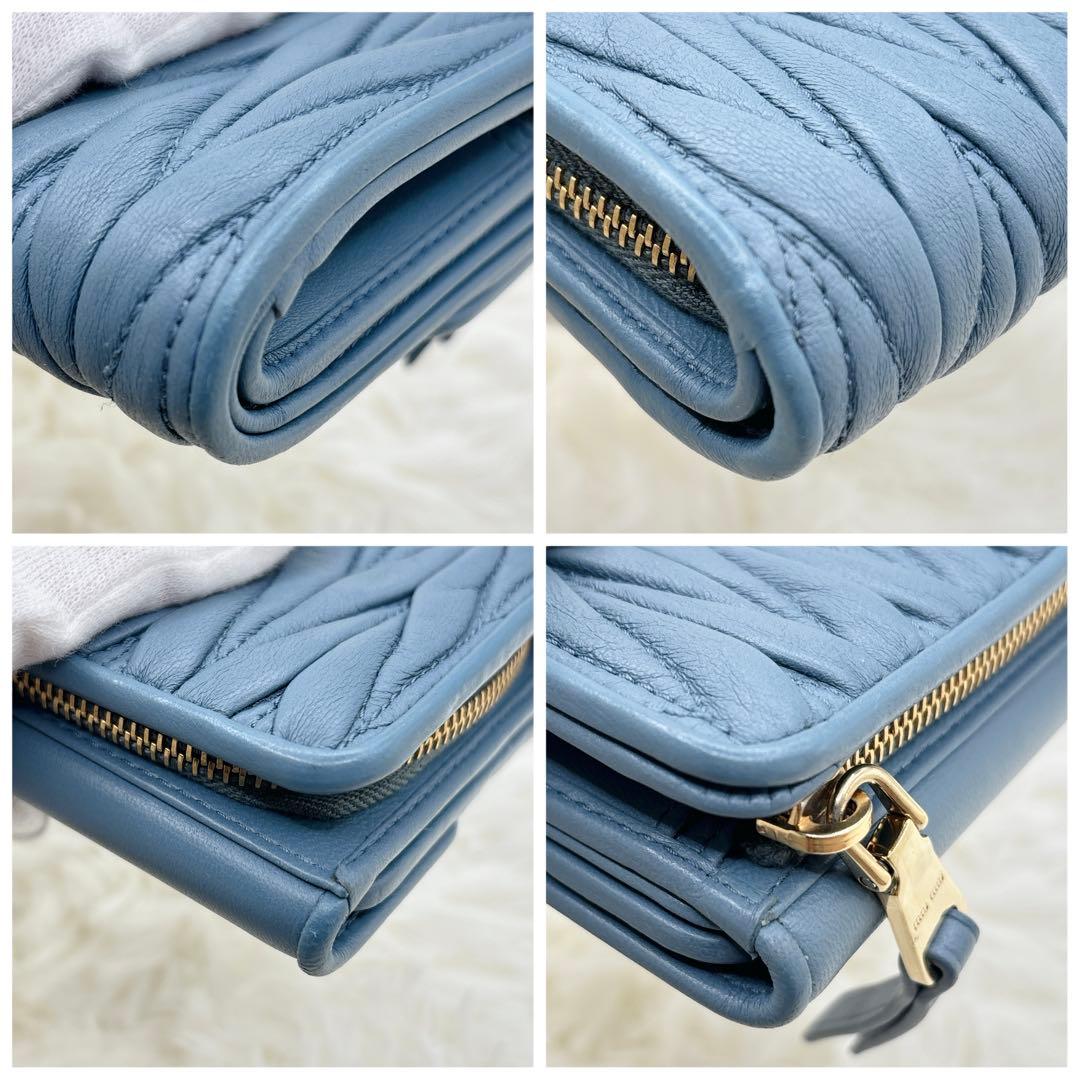 極美品✨現行ロゴ ミュウミュウ マテラッセ 三つ折り財布 ブルー RFID