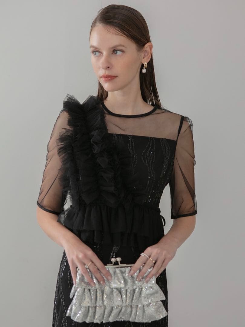 アシンメトリーフリルチュールIラインワンピースドレス結婚式パーティー二次会成人式