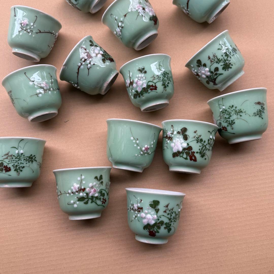 湯呑 蕎麦猪口 青磁 染付 瀬戸焼 旧家 蔵出 骨董品 14点