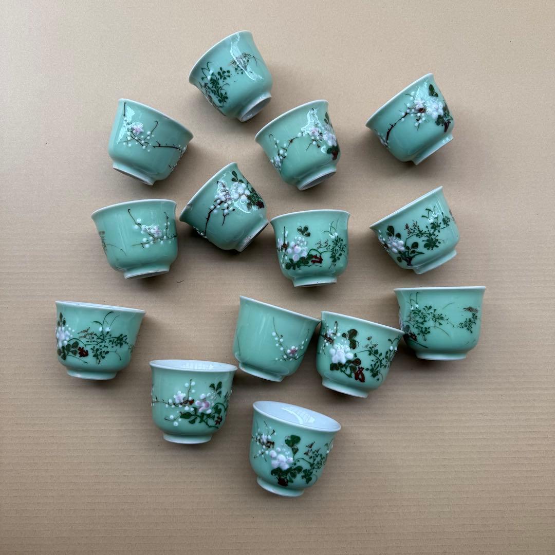 湯呑 蕎麦猪口 青磁 染付 瀬戸焼 旧家 蔵出 骨董品 14点