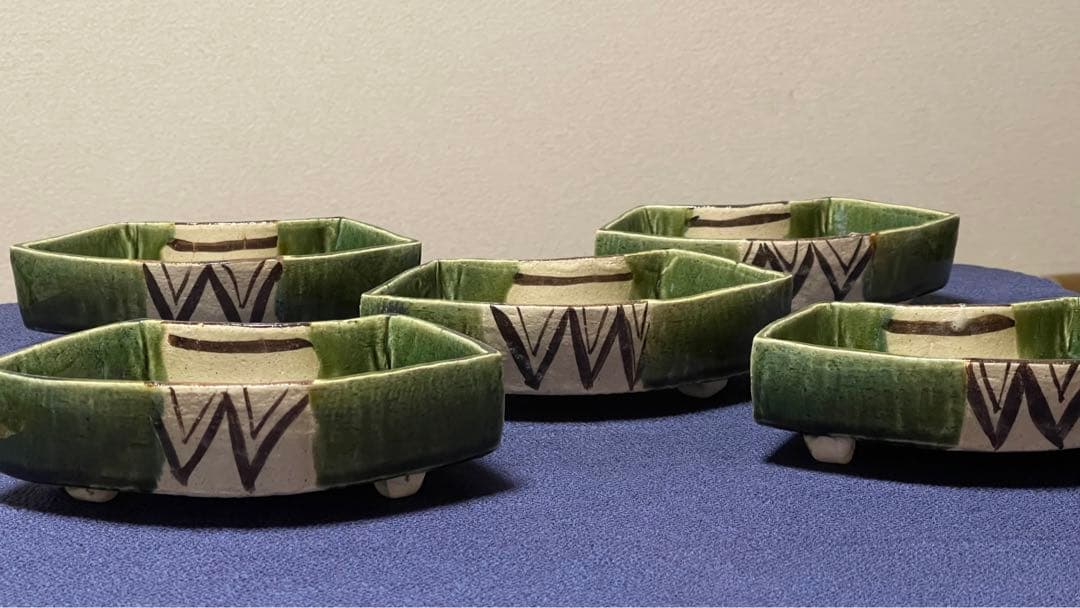 織部 扇面 向付 ５客 瀧口喜兵爾 作 箱無し 未使用