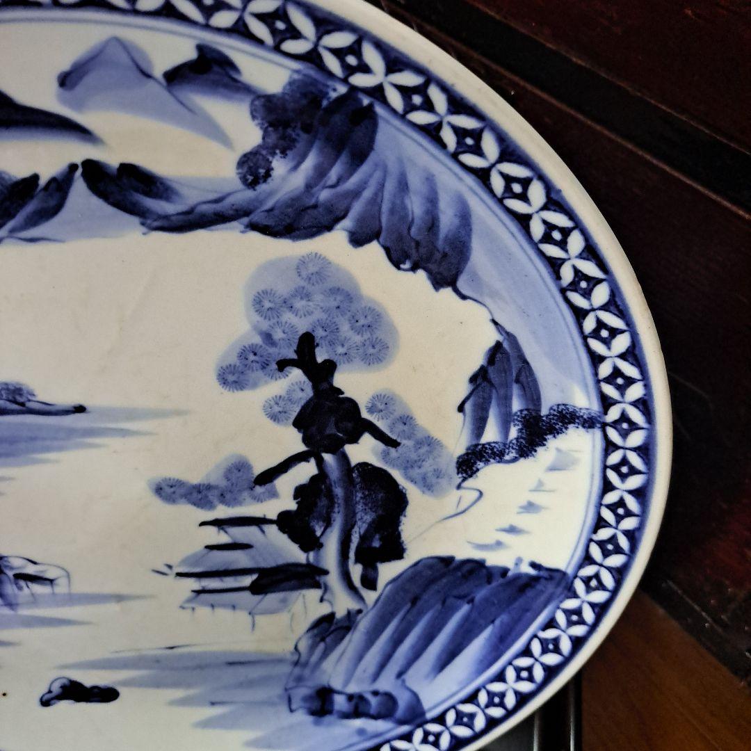 江戸初期　呉須　古伊万里　極上　七宝　楼閣山水図　角渦福　大皿