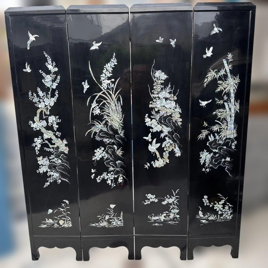 (40) [美しい] スクリーン　パーテショ衝立　屏風　美術　屏風　鶴　螺鈿細工