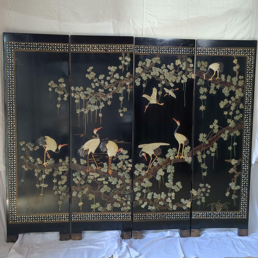 中国美術の螺鈿細工、 ４つ折り衝立